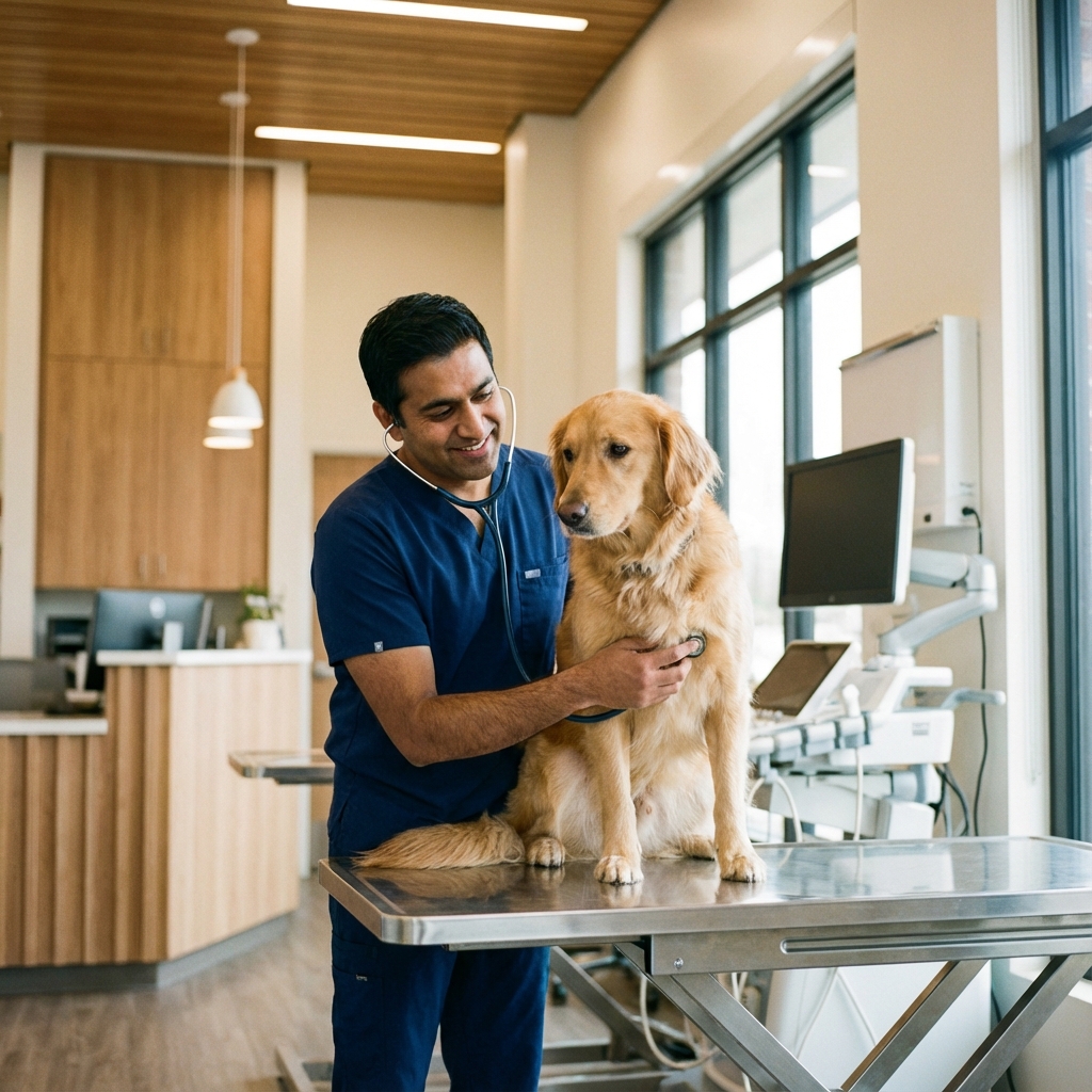 Dr. Onkar examining a dog